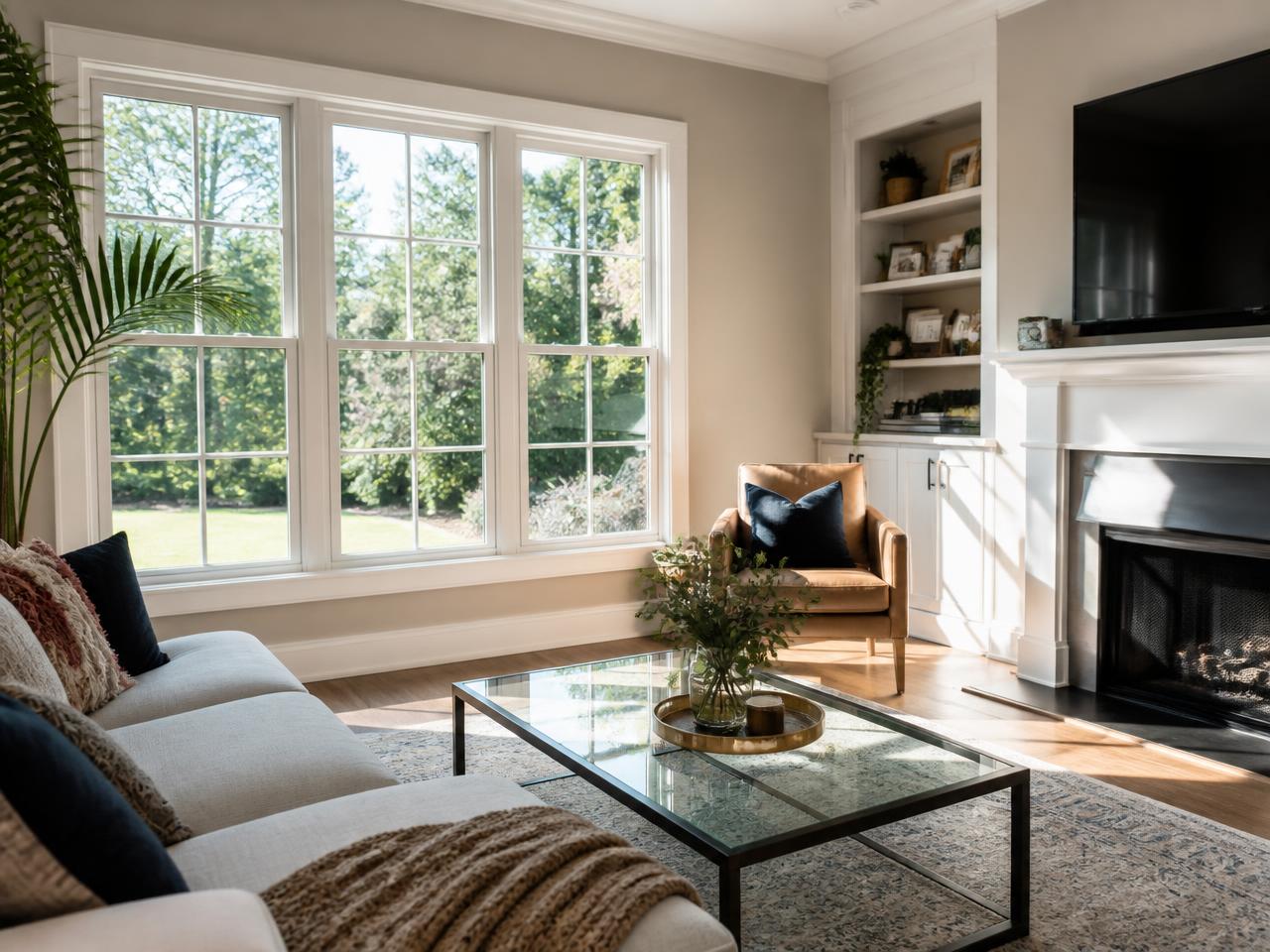 Clean living-room windows with natural light streaming in after residential window cleaning